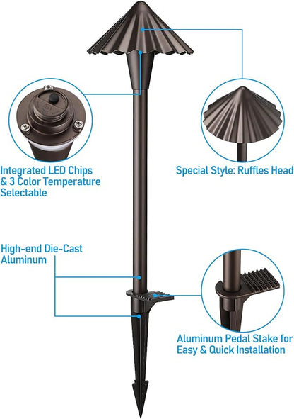 LEONLITE 3CCT Low Voltage Pathway Lights, LED Landscape Path Lights, 3000K/4000K/5000K, Ruffles Head, 12-24V AC/DC, IP65 Outdoor Walkway Light, Oil Rubbed Bronze Aluminum, Pack of 6