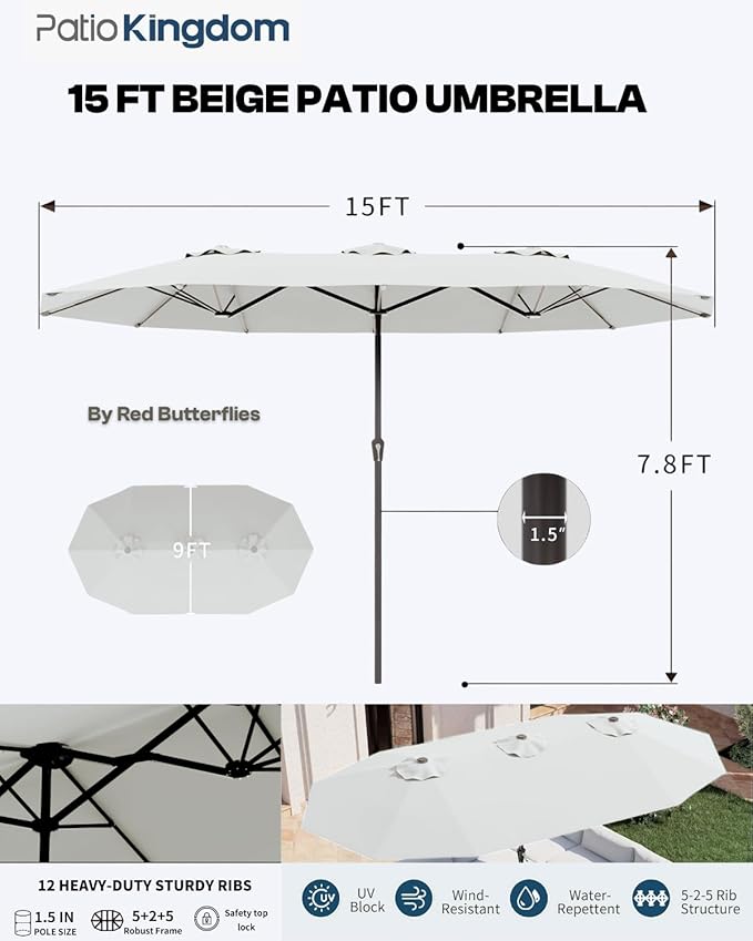 9-Piece White Outdoor Dining Set with White 15FT Large Patio Umbrella, 75.2'' HDPE Table & Chairs for 8, Weather-Resistant Furniture with Umbrella Hole for Patio, Lawn, Poolside