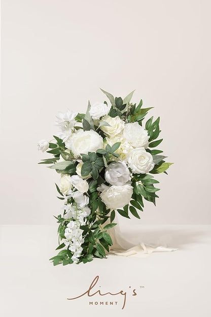 Artificial Bridal Bouquet, Ivory Cascading Silk Flowers with Pearls, 15 in