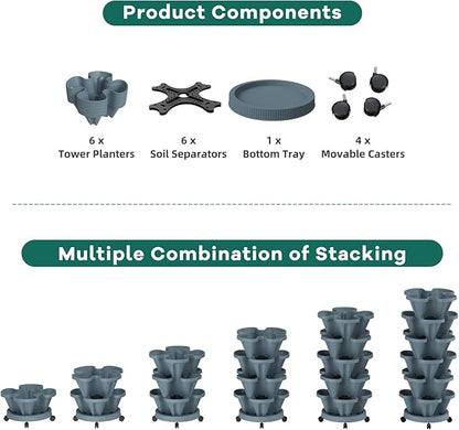 Strawberry Stackable Planters, Vertical Tower Garden, 6 Tiered Stacking Herb Vegetable Planters with Movable Casters and Bottom Saucer Indoor and Outdoor - Dark Grey