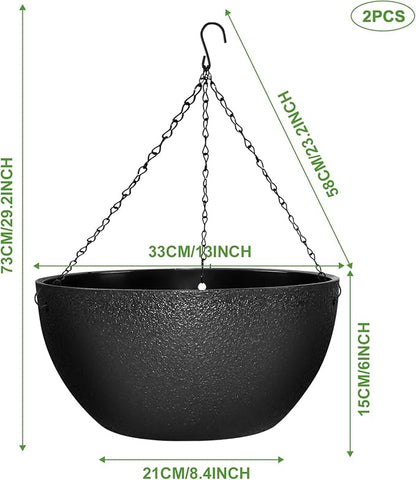Enenes 13 Inch Large Hanging Planters 2 Pack, Plastic Plant Pots with Drainage Holes and Chains for Indoor or Outdoor Garden, Patio, Large Hanging Baskets