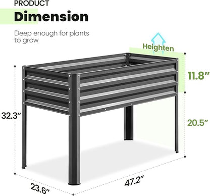 KING BIRD Raised Garden Bed with Irrigation System and Legs Galvanized Elevated Planter Box 48×24×31.5 in for Backyard, Patio, Balcony, 400lb Capacity, Dark Grey