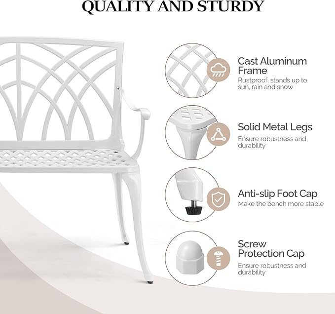 VINGLI 38" Outdoor Bench Cast Aluminium Garden Bench, Orchid Porch Benches Patio Benches Deck Furniture for 1-2 Person Seat(White)
