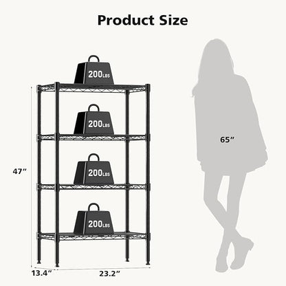 DUMOS 4-Tier Metal Wire Storage Shelves, Adjustable Standing Storage Rack Shelf, Heavy Duty Steel Shelving Unit Organizers for Kitchen Bathroom Pantry Garage, 23.3" W×13.4" D×47" H, Black