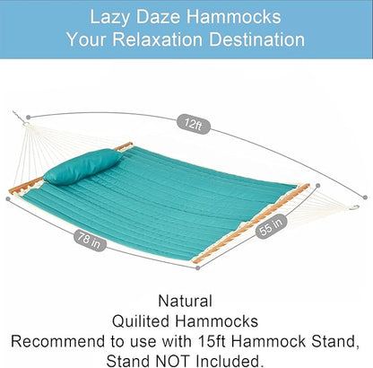 Lazy Daze Hammocks 12 FT Double Quilted Fabric Hammock with Spreader Bar and Detachable Pillow, 2 Person Hammock for Outdoor Outside Patio Garden Yard Pool Beach, 450lbs Weight Capacity (Blue)