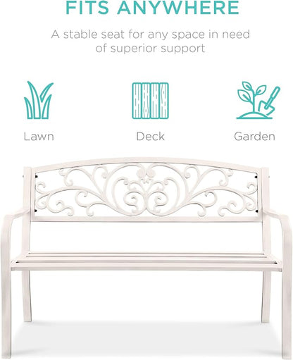 Best Choice Products Outdoor Bench Steel Garden Patio Porch Furniture for Lawn, Park, Deck w/Floral Design Backrest, Slatted Seat - White