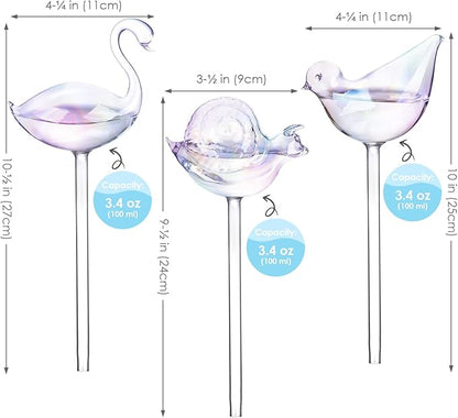 NiHome Glass Plant Self Watering Bulbs 3-Pack Iridescent Pearl Home Potted Planter Watering Bulbs Insert Decorative Devices Vacation Automatic Watering Spikes Indoor and Outdoor (Swan, Snail & Bird)