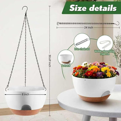 4-Piece Set of 8-Inch Hanging Planters with Automatic Watering System and Drip Tray, Includes Metal Chain, Suitable for Various Indoor and Outdoor Plants and Flowers, White Brown