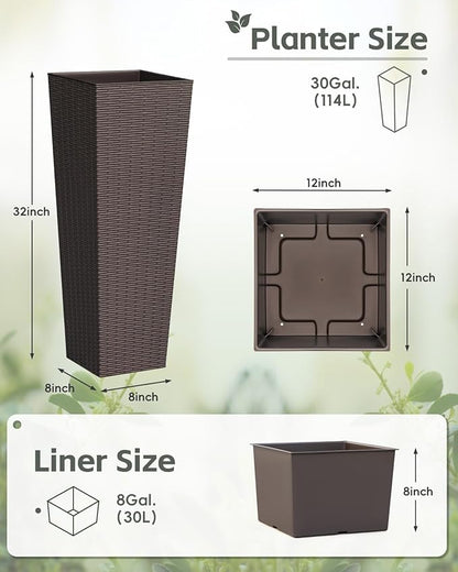 Greesum 32 Inch Tall Plastic Planters(Set of 2), Detachable Inner Pot & Drainage Holes, Outdoor Decorative Flower Pots for Large Plants, Trees, Patio, and Garden, Brown