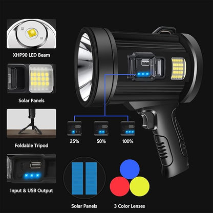 Spotlight 1000000 Lumens, 6 Modes Led Rechargeable Spotlight Flashlight As Seen on TV with Tripod, 3 Color Filters, Super Bright Solar Spot Lights Outdoor Handheld for Hunting, Boating, Large