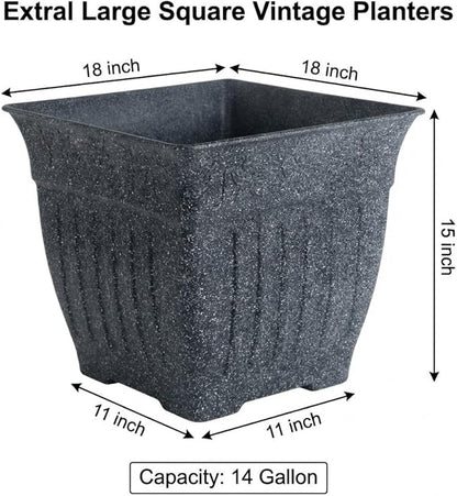 18'' Large Square Planter for Plants - 4 Pack Imitation Cement Plastic Flower Pots with Drainage Holes & 2cm Raised Base, 14 Gal Decorative Stone Like Garden Pot, Retro Plant Container