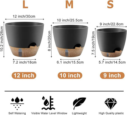 Self-Watering Plant Pots with Water Level Indicator, Drainage Holes & Saucers – 12/10/9 Inch Large Plastic Planter Set for Indoor & Outdoor Plants(Black)
