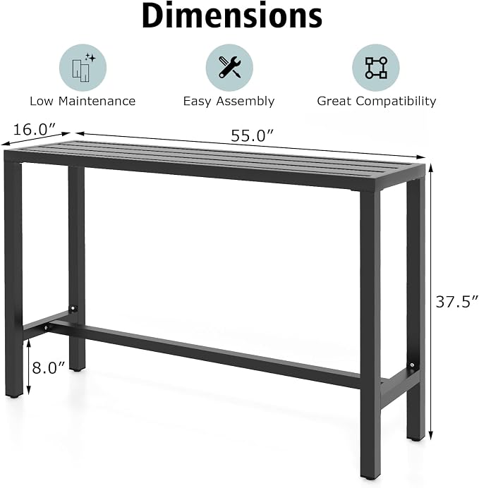Dining Table 55-Inch Outdoor Counter Height Bar Table, Black Metal