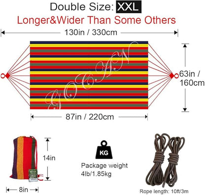 Brazilian Double Hammock 2 Person Extra Large 220x160cm Total Length 330cm Load 500lb Canvas Cotton Hammock for Patio Porch Garden Backyard Lounging Outdoor and Indoor(Rainbow) XXL