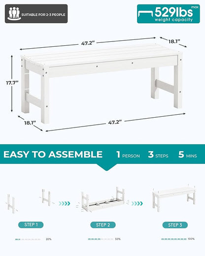 SERWALL 47 Inches Outdoor Bench, All Weather HDPE Backless Bench with Wood Grain Texture for Garden Porch and Park, Curved Bench Seat for Comfort, White
