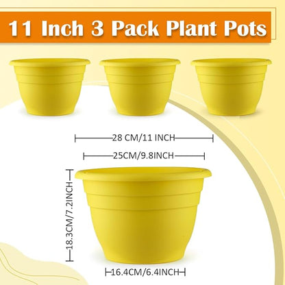 11 Inch Plant Pots Set of 3,Plastic Planters with Drainage Holes & Removable Plugs,Indoor Outdoor Flower Pots for Plants,Herbs, Succulents,Durable Lightweight(Yellow)