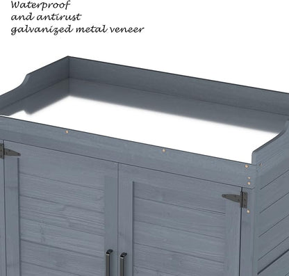 Outdoor Garden Patio Wooden Storage Cabinet Furniture Waterproof Tool Shed with Potting Benches Outdoor Work Station Table (Gray)