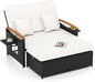 Tangkula Patio Rattan Daybed with 4-Level Adjustable Backrest, Outdoor Wicker Loveseat with Acacia Wood Armrest, Storage Ottoman & Folding Tray, Double Sunbed for Yard & Poolside (White & Black)