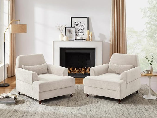 Chaise Lounge Chair Indoor Set of 2, Oversized Accent Chair for Living Room with Adjustable Backrest, Upholstered Mid-Century Reading Armchair for Adults, Comfy Modern Single Sofa Chair for Bedroom