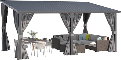 AECOJOY 16'x10' Outdoor Hardtop Gazebo Pergola with Curtains and Netting for Patio, 10x16 Large Steel Heavy Duty Lean to Wall-Mounted Pergolas and Grill Gazebos Clearance, Metal Roof Awnings for Decks