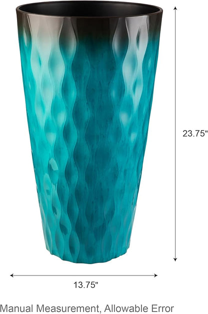 Glitzhome 23.75" H Oversized Tall Planter, Set of 2 Wavy Texture Turquoise Large Planters for Outdoor Plants, with Drainage Hole, Plastic Large Flower Pots for Porch,Garden, Patio or Indoor Use