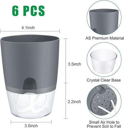 ShineMe Self Watering Flower Pots, 4.1 Inch Self Watering Planters for Indoor Plants, 6 Pack Plastic Plant Pots for African Violets, Herbs, Aloe, Peace Lily with Absorbent Cotton Rope (Gray)