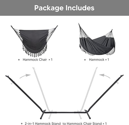 SUNCREAT 2-in-1 Hammocks Convertible Portable Double Hammock with Stand Included, Outdoor Hammock and Stand, Patented, Dark Grey with Tassel