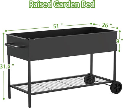 51 × 26 × 31.5 Inches Raised Garden Bed with Legs/Storage Shelf, Mobile Planter Box for Outdoor Plants, Elevated Garden Bed for Backyard, Balcony, Black