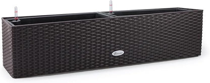 Dexceder 31.5 Inch Rattan Self Watering Planter Indoor Outdoor, Thickened Large Rail Flower Plant Pot Window Box with Water Level Indicators (Brown)