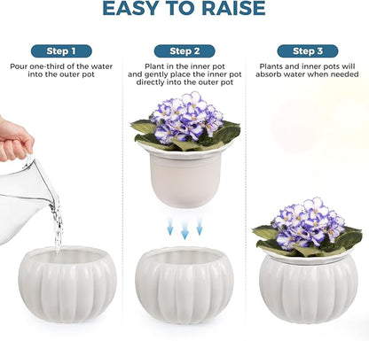 BUYMAX African Violet Pots, 6 inch Pumpkin-Style Ceramic Easy Self Watering Plant Pot for Busy Plant Lovers, Automatically Absorb Appropriate Amount of Water, Flower Pot Indoor-Plants Not Included
