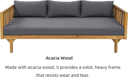Merax Outdoor 3 Seater Daybed, Acacia Wood Day Bed Couch Sofa with Cushions for Patio Backyard, Garden, Dark Grey + Brown