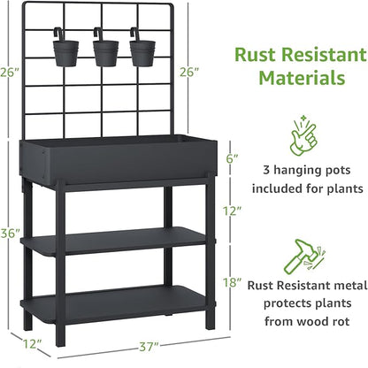 Metal Raised Garden Bed with Trellis & 2-Tier Storage Shelf, Elevated Planter Box with Legs -Includes 3 Flower Pots, Outdoor Vertical Garden for Vegetables Herbs Climbing Plants Patio Balcony