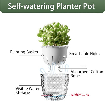 2 Pack 6 inch Self Watering Pots Planters for Indoor Plants, African Violets Pots with Wick Rope, Modern Plastic Nursery Pots for All House Plants,Flowers Succulents,Herbs,Cactus,Orchids