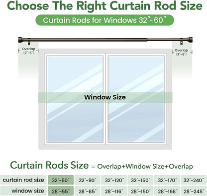 Curtain Rods for Windows 28 to 48, 1 Inch Adjustable Heavy Duty Long Window Outdoor Curtain Rod for Patio, Drapery Rods with Simple End Caps, Size 32"-60", Antique Bronze
