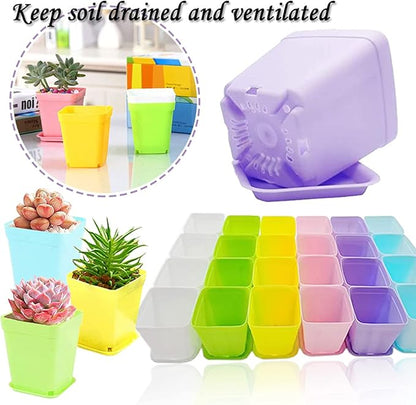 Haawooky 48 PCS 3 Inch Colorful Plastic Plant Pot,Plastic Square Nursery Pots,Seedling Nursery Pots with Saucers for Garden,Home,Office,Balcony Decor,Garden Gifts