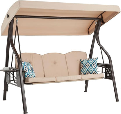 3-Seat Outdoor Porch Swing with Stand, Patio Swing with Canopy, 2 in 1 Porch Swing Bed & Patio Swing Chair for Adult, w/Extra Pillows and Cup Holder for Yard