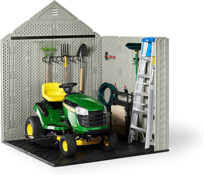 Rubbermaid 7 Foot by 7 Foot Weatherproof Outdoor Storage Shed for Garden Tools and Lawn Machinery Organization with Lockable Double Door Sandstone