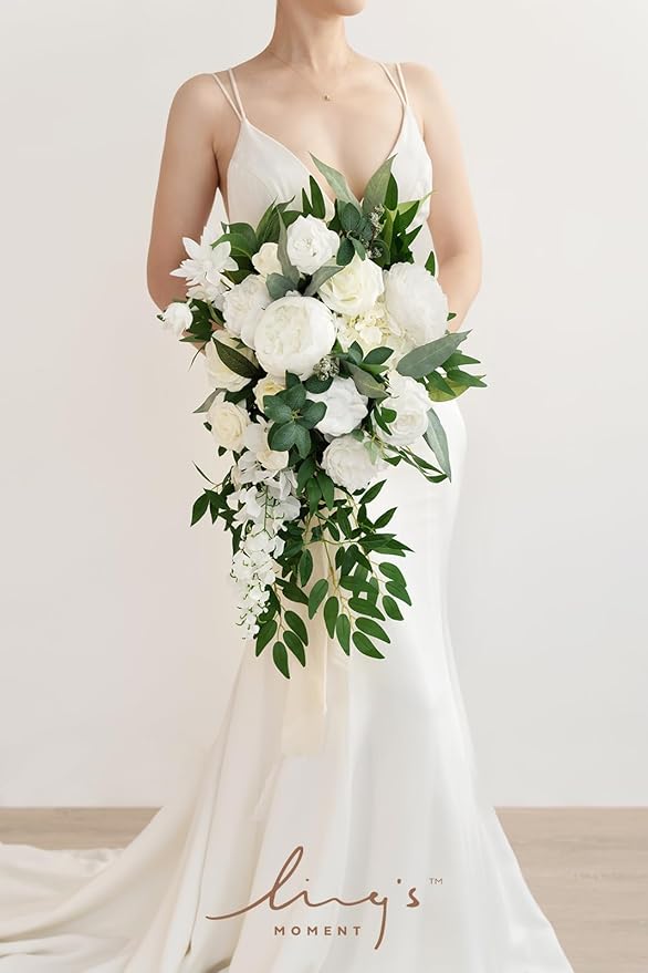 Artificial Bridal Bouquet, Ivory Cascading Silk Flowers with Pearls, 15 in
