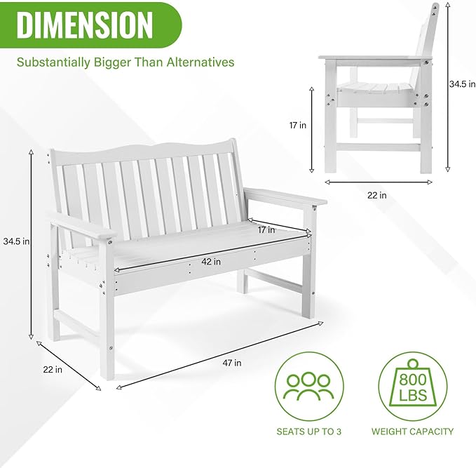 Backyard Expressions Poly Patio Bench (800 Lb Capacity) – Weatherproof Outdoor Bench, Low Maintenance, Heavy-Duty Recycled Material – Ideal for Porch, Patio & Park (White Woodgrain Look)