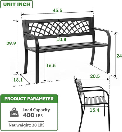 FDW Garden Bench Bench Park Outdoor Bench for Patio Metal Bench Park Bench with Plastic Backrest Armrests Sturdy Steel Frame Furniture for Yard Porch Work Entryway, Black