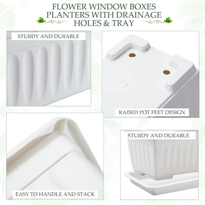 6 Packs 27 Inch Window Flower Box Extra Large Window Sill Herb Garden Long Rectangle Planter Plastic Boxes Outdoor with Drainage Trays for Balcony Windowsill Patio Garden
