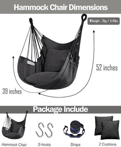 Halalona Hammock Chair Hanging Hammock Chair Rope Swing 2 Cushions Included-Sturdy & Durable Soft Cotton Hand Woven Hammock Swing for Bedroom, Porch, Patio-Indoor/Outdoor