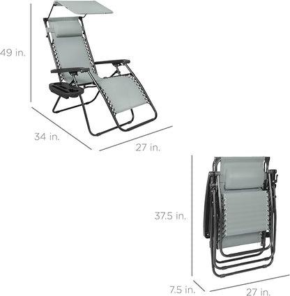 Best Choice Products Folding Zero Gravity Outdoor Recliner Patio Lounge Chair w/Adjustable Canopy Shade, Headrest, Side Accessory Tray, Textilene Mesh - Stardew