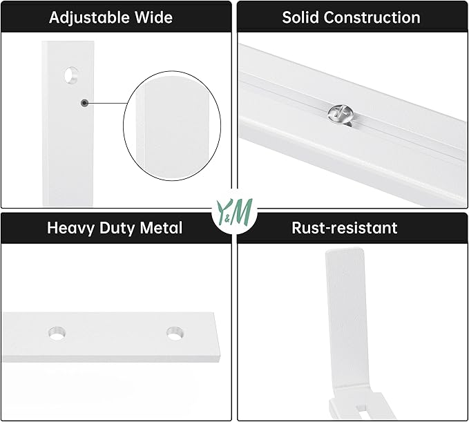 Y&M 4 Pack Adjustable Planter Box Brackets (6 to 12.5 in), Universal Window Box Brackets, Heavy Duty Iron Flower Box Wall Mounting Hooks for Balcony, Fences, Patio, and Garden - White