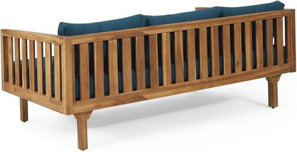 Merax Solid Acacia Wood Couch Chaise Lounge Chair Indoor, 3 Seater Daybed Sofa Couches with Cushions & Pillow, Heavy Frame Day Bed for Living Room, Office, Outdoor, Balcony, Patio, Water Resistant
