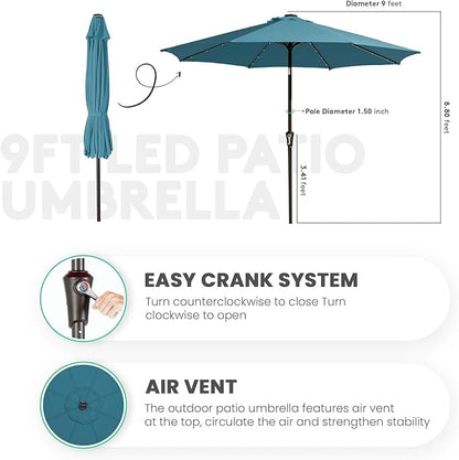 JEAREY 9FT Outdoor Patio Umbrella with Solar Lights, LED Lighted Pool Umbrella with Tilt and Crank, Outdoor Table Umbrellas for Deck, Yard & Market (Lake Blue)