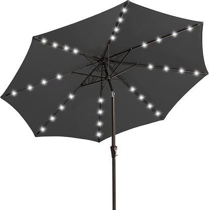 JEAREY 9FT Outdoor Patio Umbrella with Solar Lights, LED Lighted Pool Umbrella with Tilt and Crank, Outdoor Table Umbrellas for Deck, Yard & Market (Dark Gray)