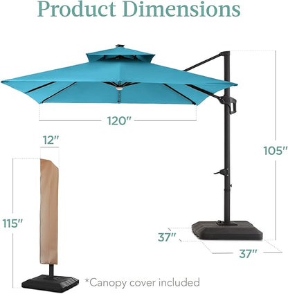 Best Choice Products 10x10ft Cantilever Patio Umbrella w/Base Included, Solar LED Lights 360 Rotation Large Offset Hanging Outdoor Shade for Deck Pool Backyard w/Stand – Sky Blue