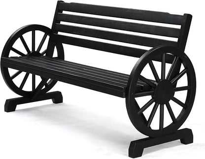 VINGLI Rustic Wooden Wheel Bench Outdoor Bench, Patio Bench Wagon Slatted Seat, Garden Benches for Outdoors 350lbs High Capacity, Weather Resistance (Black, 55in)