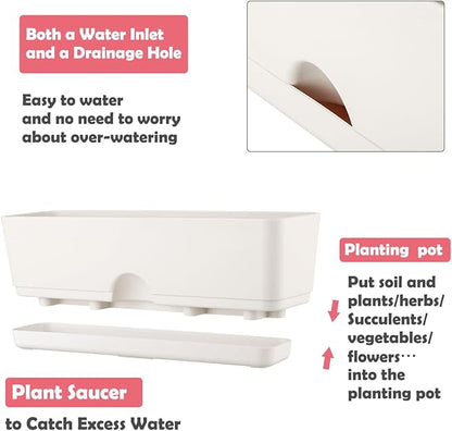 6 Pack Rectangle Planter 16x4.4 Inch Window Boxes Planters Rectangular Large Window Sill Planters Indoor Self Watering Plant Pots with Drainage Holes and Saucers Succulent Herb Flower Pots, Light Grey